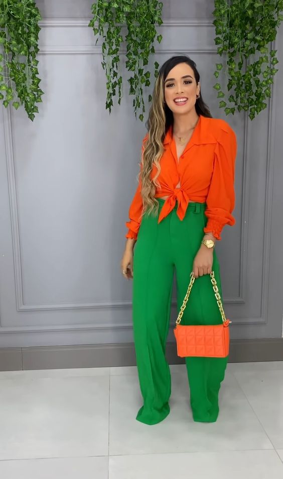 Green Pants with Orange Blouse